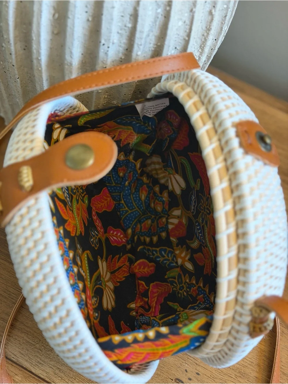 Woven Round Crossbody Bag in Cream and Tan